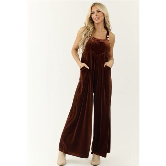 Bibi Womens Velvet Wide Leg Overalls Size L Spice Whimisgoth Boho Y2K Grunge - Picture 2 of 16